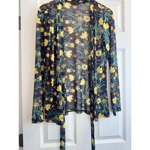 Sheila Rose Blue Orange Floral Mesh Open Front Cardigan W/ Tie Womens Size Large